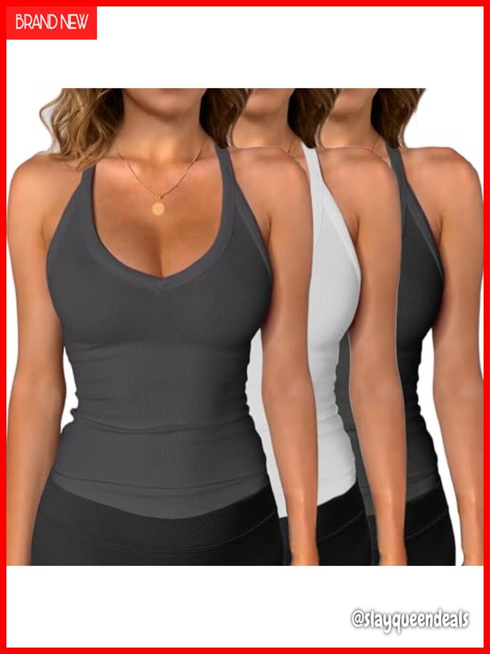 3 Pack Workout Tops Racerback Basic Tank V Neck Slim Fit Ribbed Sleeveless